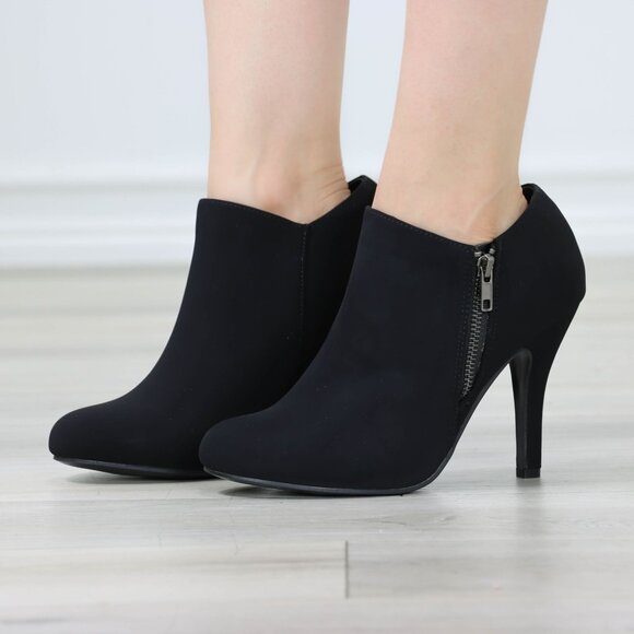 Heeled Ankle Booties Round Toe Stiletto High Heel Velvet Black Side Zipper - Picture 6 of 11